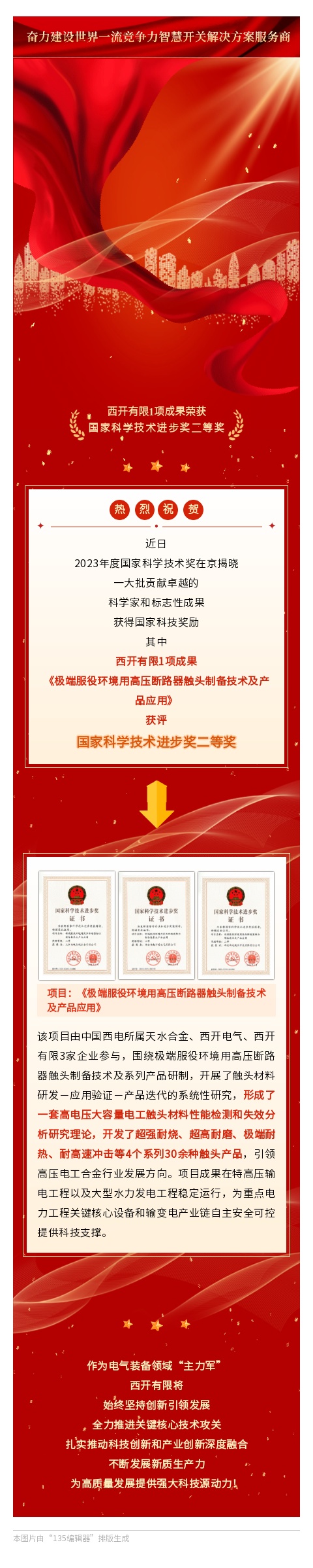 声誉时刻 | 西开有限1项效果荣获国家科学手艺前进奖二等奖-西安西电高压开关有限责任公司